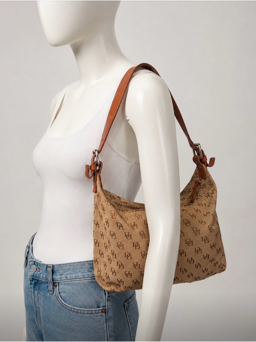 Vintage Dooney & Bourke Signature Monogram Logo Hobo Shoulder Bag